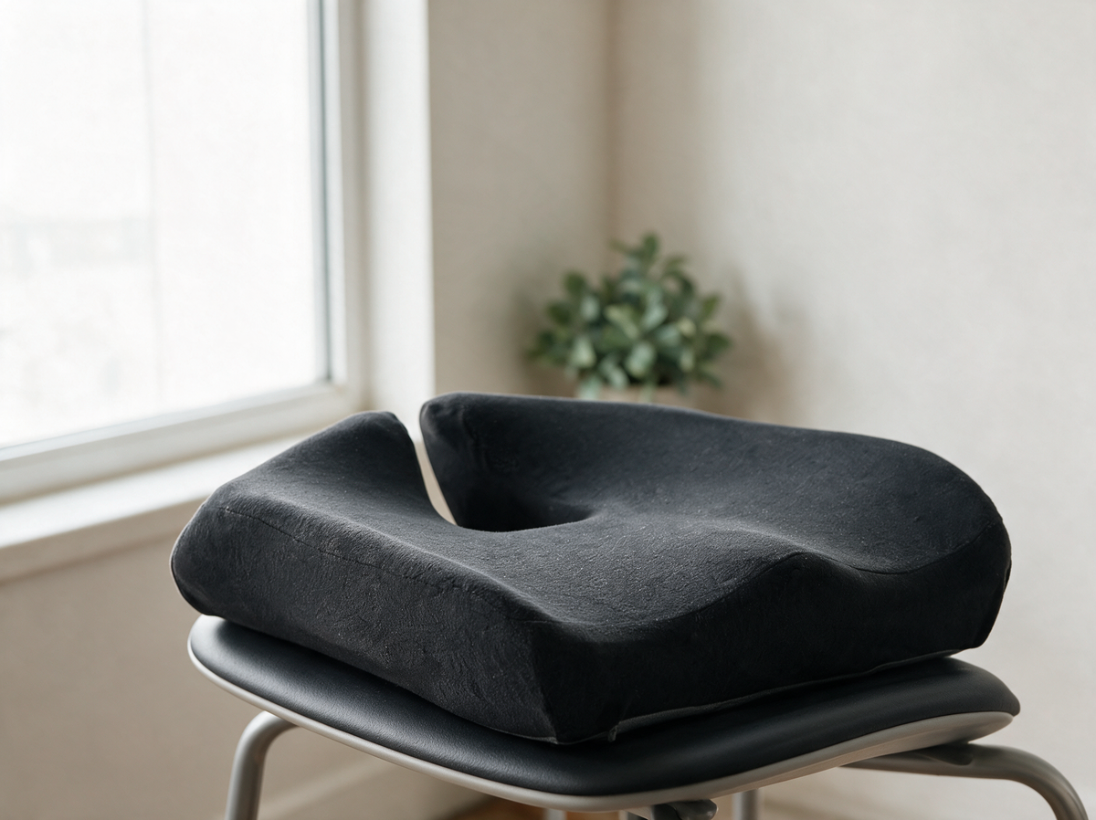 Schwarzes Sitzkissen auf einem ergonomischen Bürostuhl im minimalistischen Homeoffice